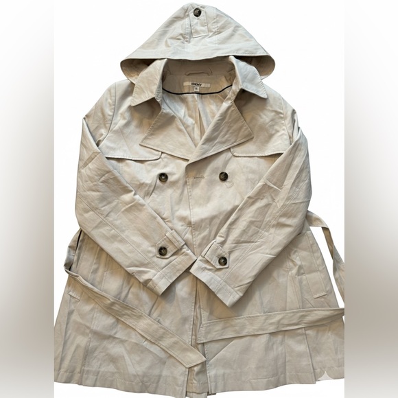 DKNY Cotton Blend Double-Breasted Trench Coat - Sand/Beige - XL (removable hood) - Picture 3 of 10